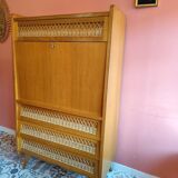 Vintage secretary desk in wood and rattan