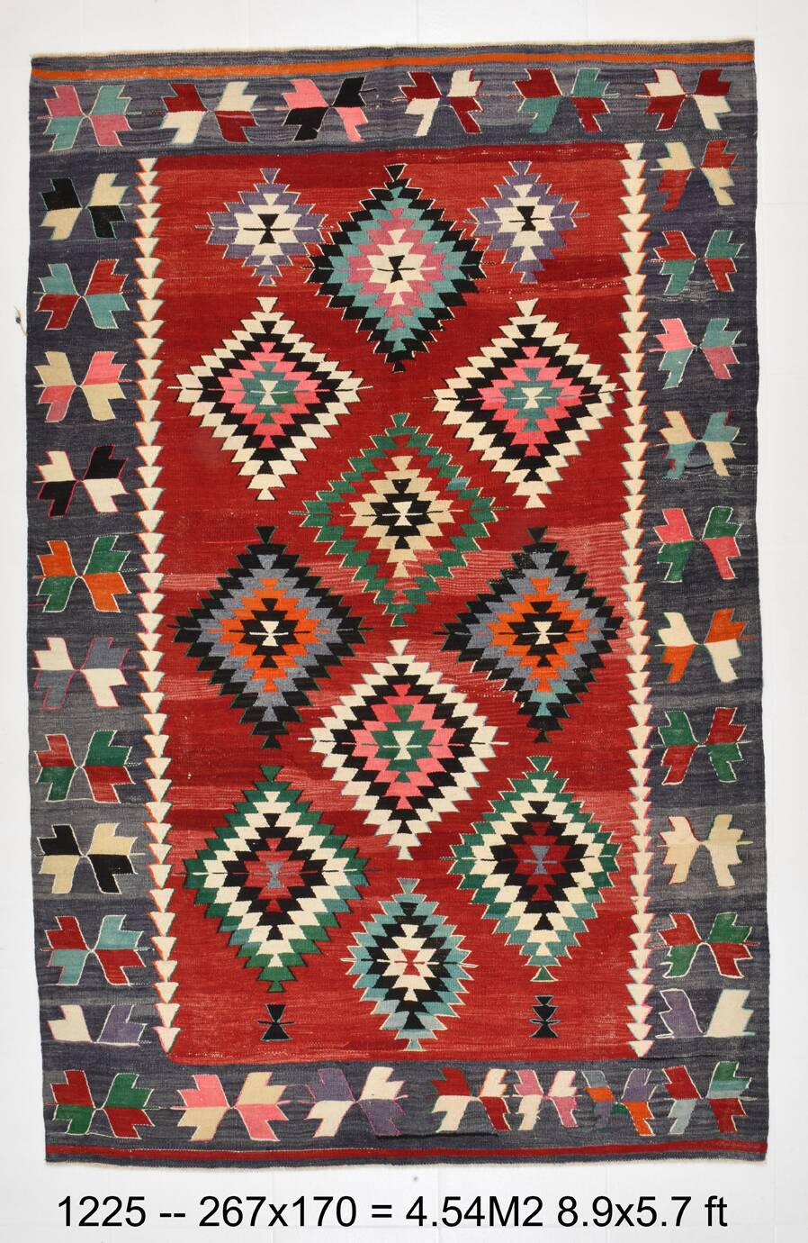 5x9 Red & Green Geometric Tribal Vintage Kilim Rug, 170x267Cm