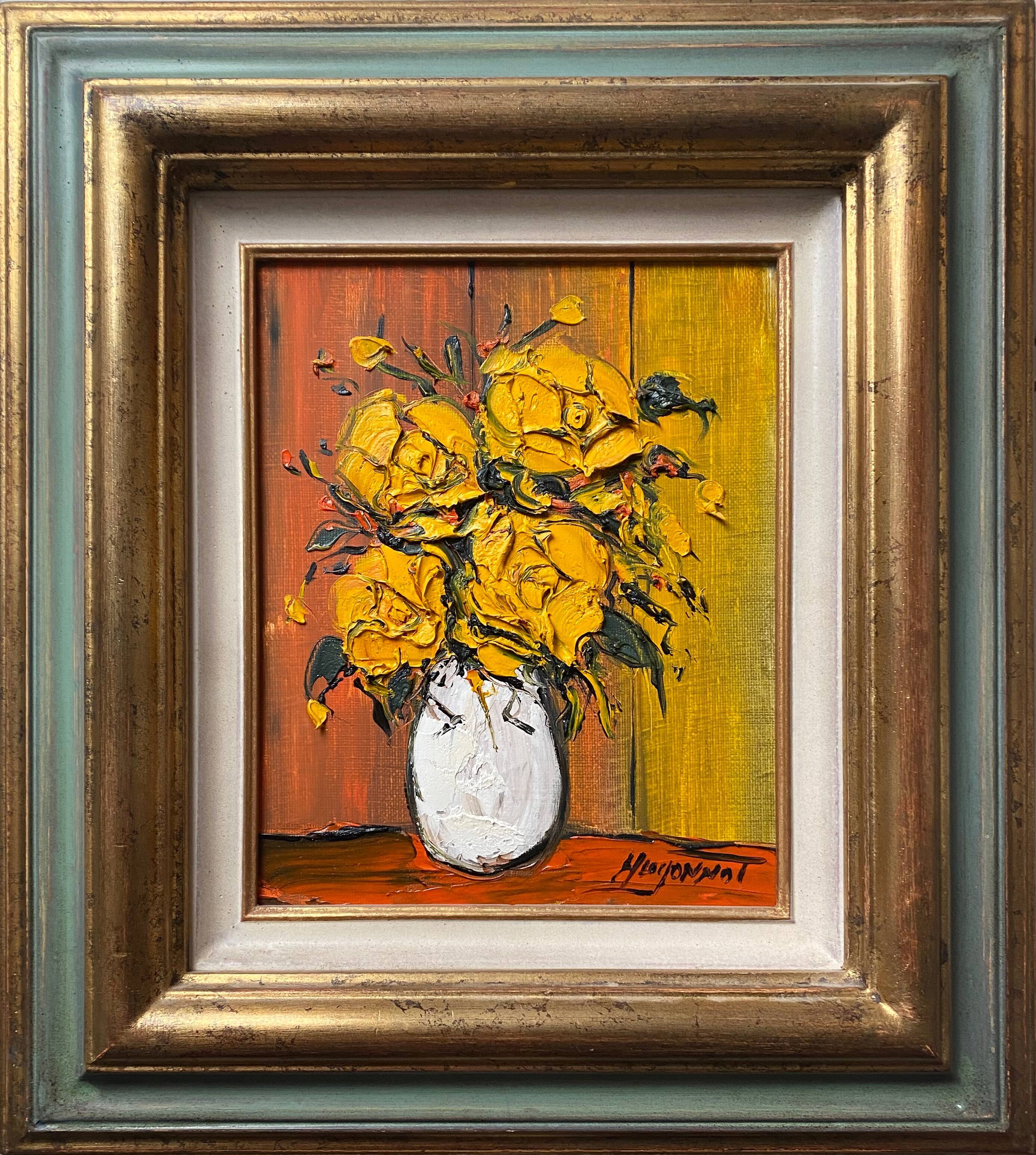Painting "Bouquet of yellow roses" by Patrick HUGONNOT (1963) + frame
