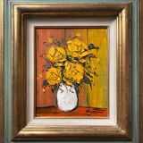 Painting "Bouquet of yellow roses" by Patrick HUGONNOT (1963) + frame