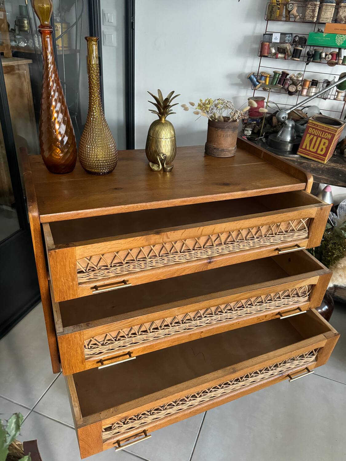 Old vintage wooden and rattan chest of drawers