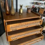 Old vintage wooden and rattan chest of drawers