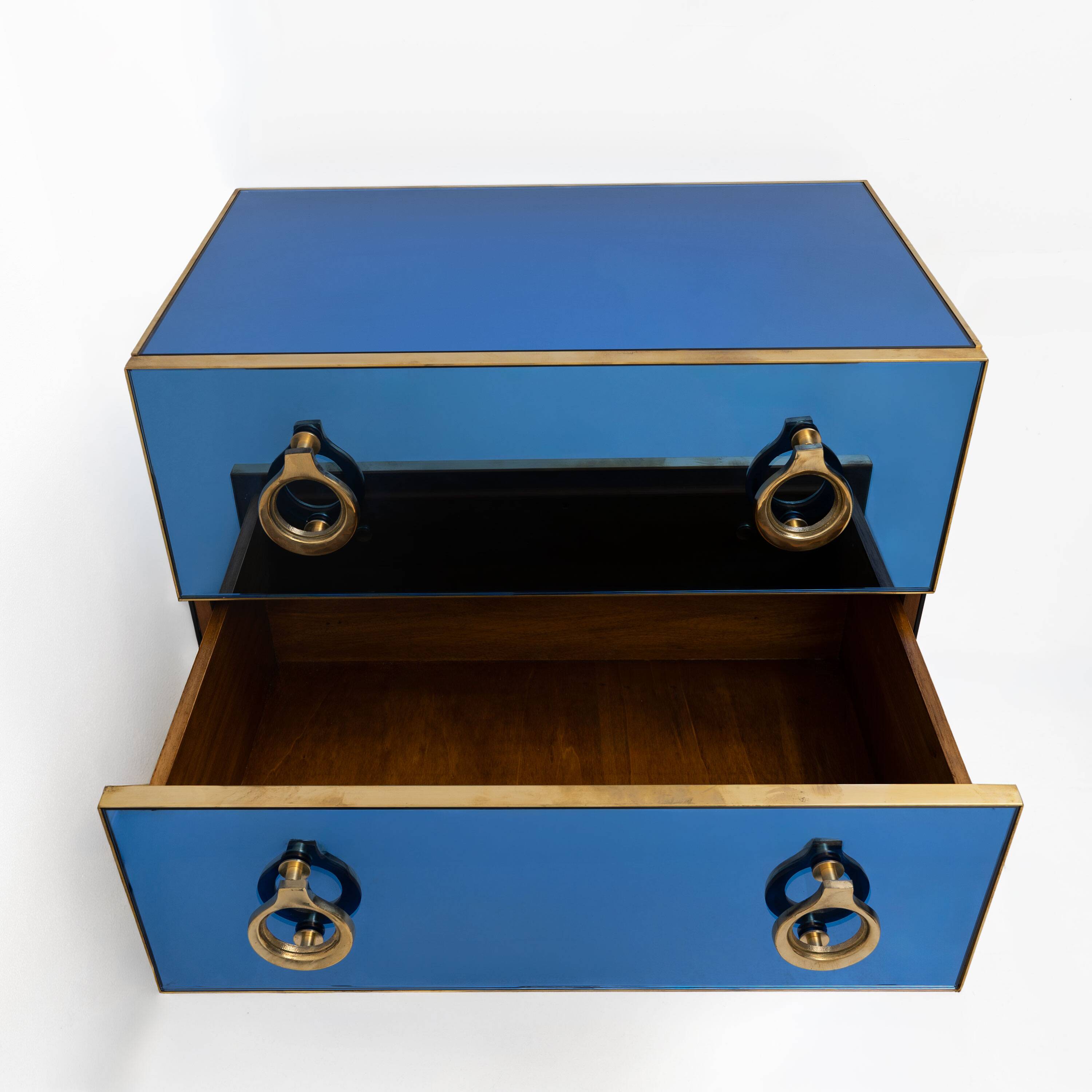 Blue Mirrored Chest of Drawers with Brass Details, Mid-Century Modern Style