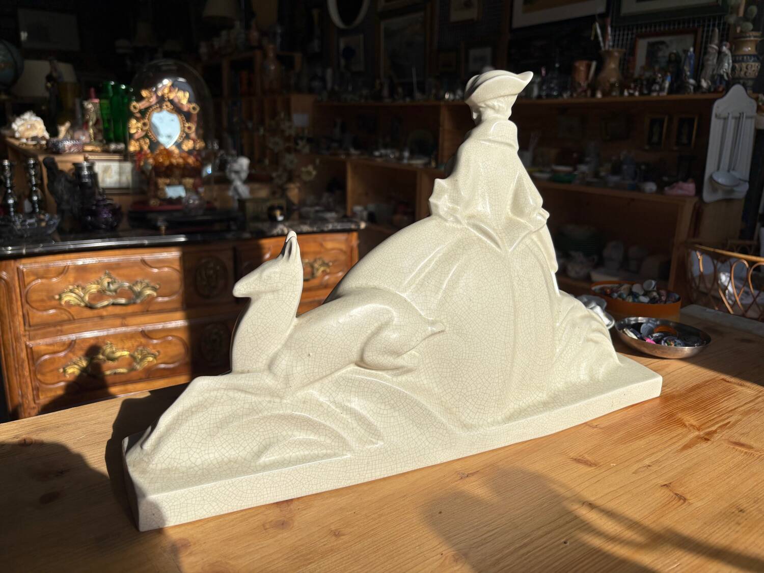 Large Art Deco sculpture attributed to Lejan – Lady and Gazelle – earthenware