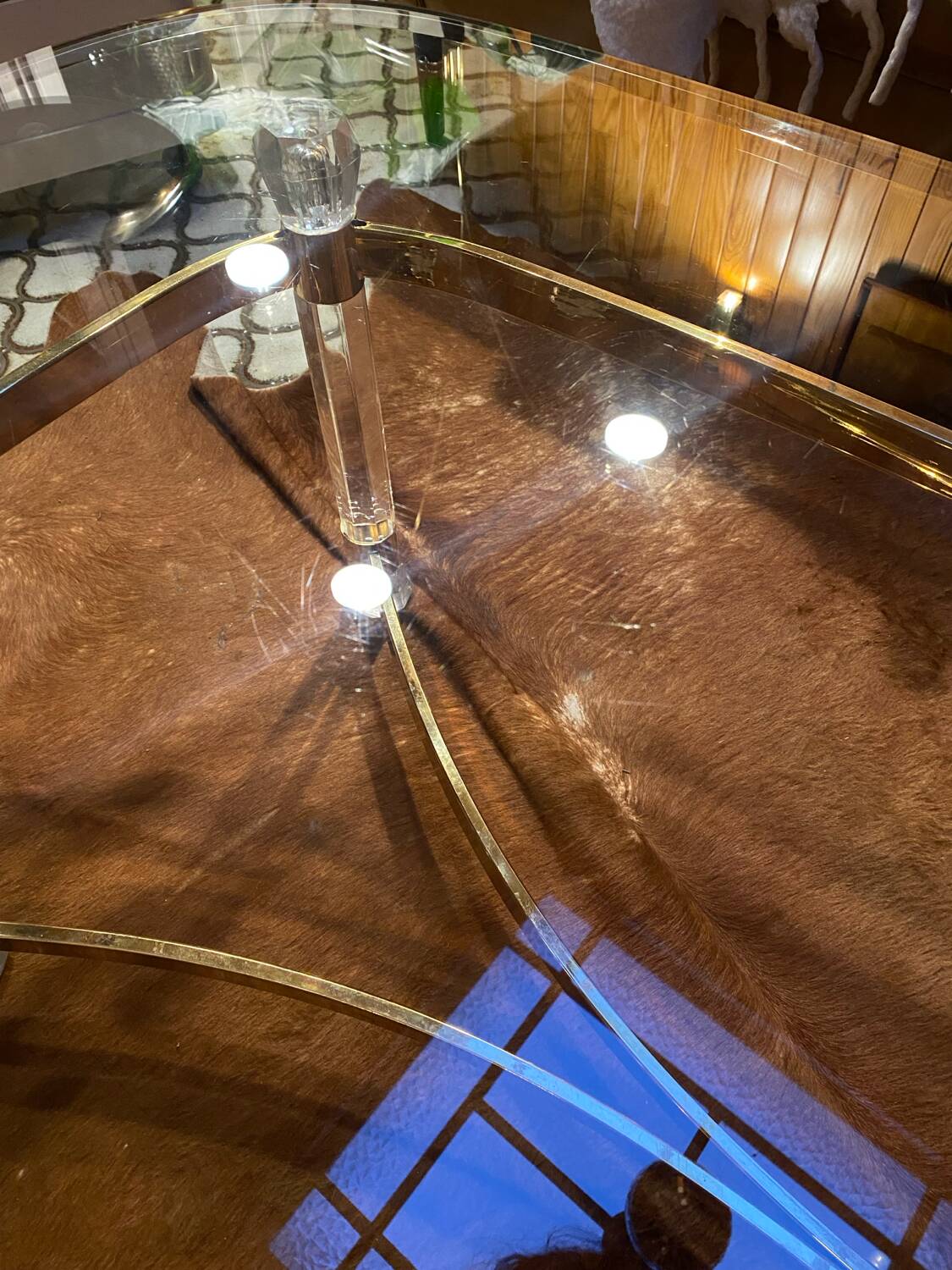 Vintage coffee table with bevelled glass and plexiglass from the 1970s.