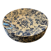 6 assiettes plates anciennes en faïence décor fleurs bleues