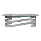 Table basse design ovale années 70 en verre et pieds S chromé