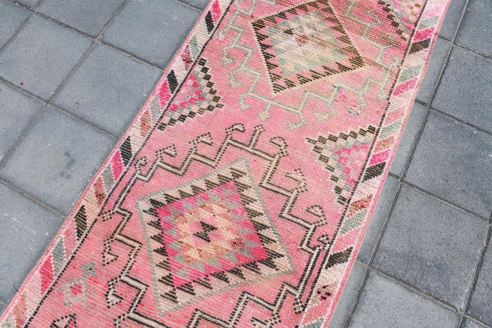Tapis Couloir Rose à Médaillons, Tapis Turc Vintage, 86x364 Cm