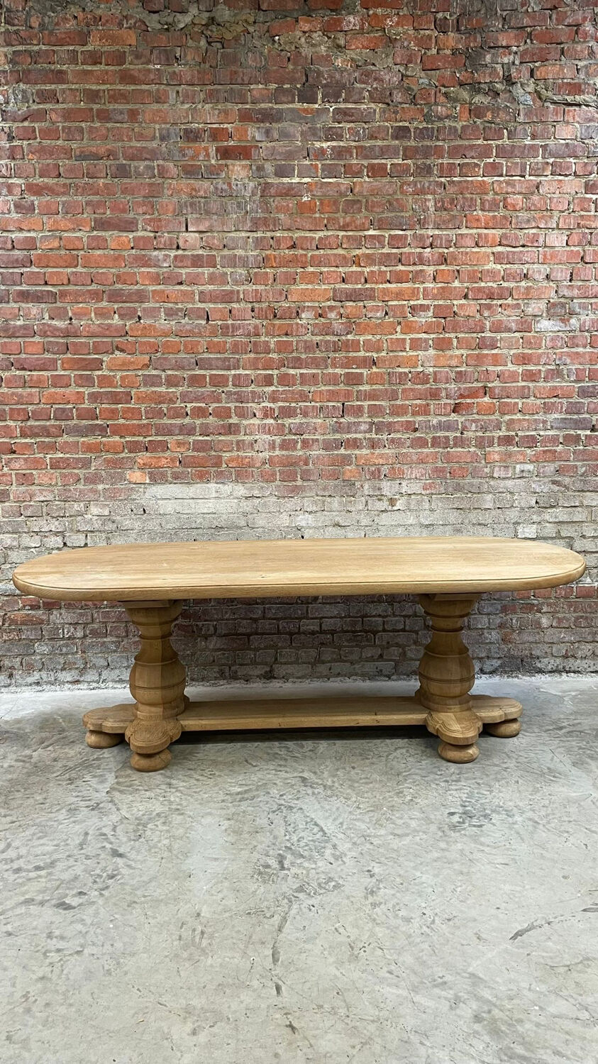 Massive oval monastery table made of bleached oak with turned legs