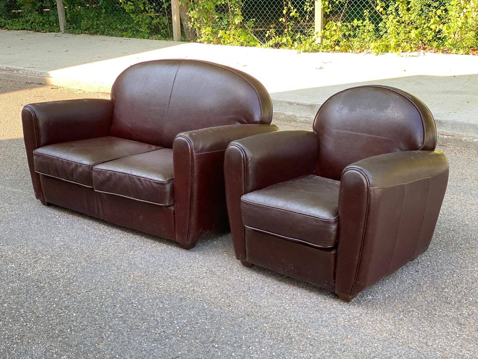 Burgundy brown leather living room sofa and club chair