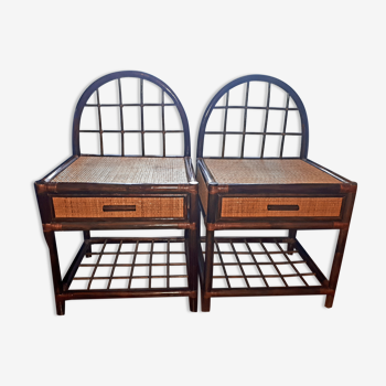 Pair of rattan and bamboo bedside tables, vintage