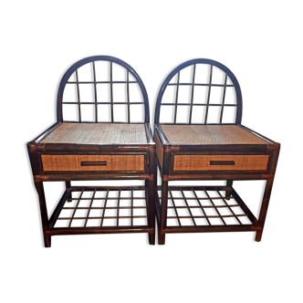 Paire de tables de chevet rotin et bambou, vintage