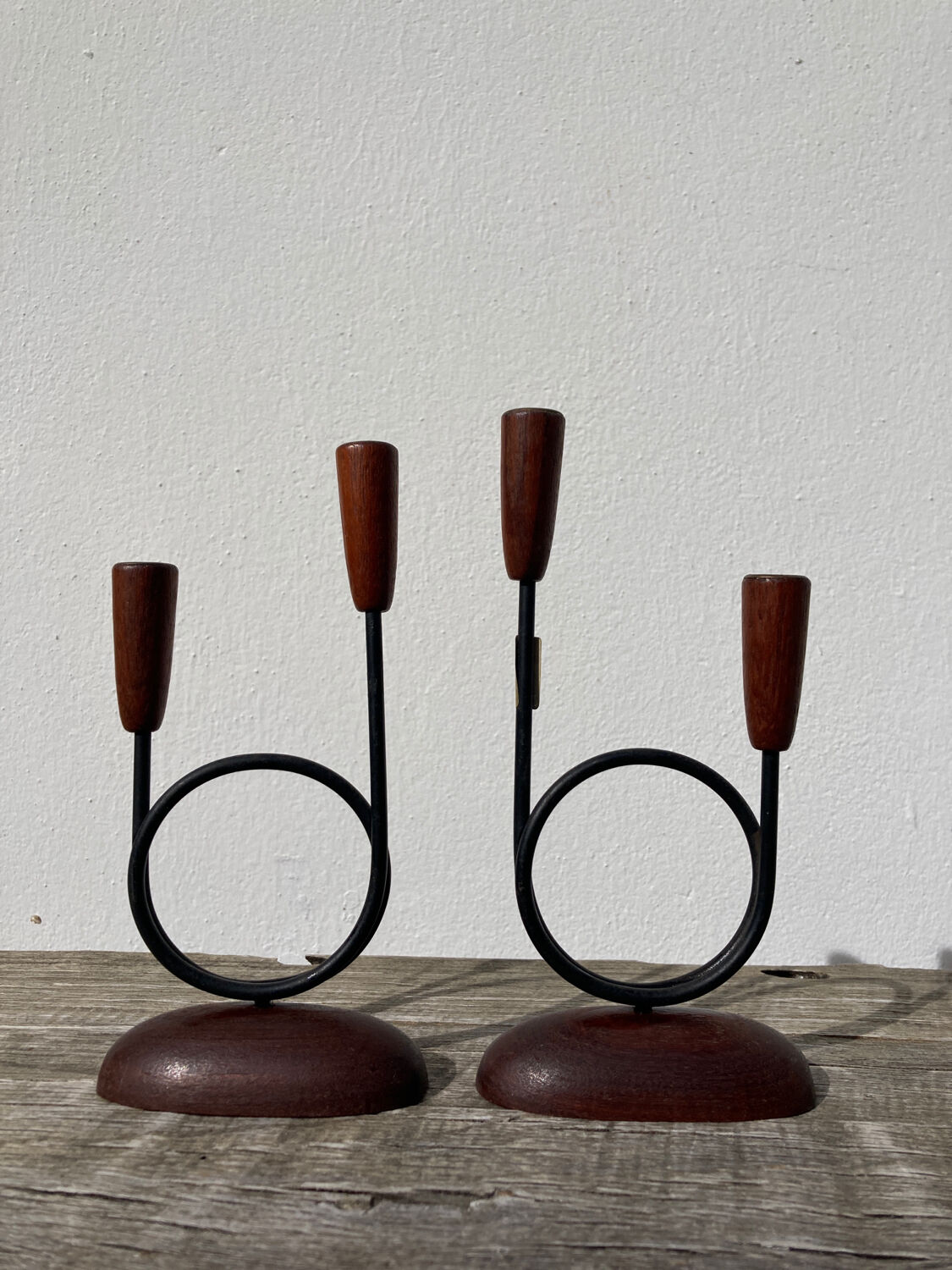Pair of Scandinavian candlesticks in wood and metal Denmark