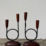 Pair of Scandinavian candlesticks in wood and metal Denmark