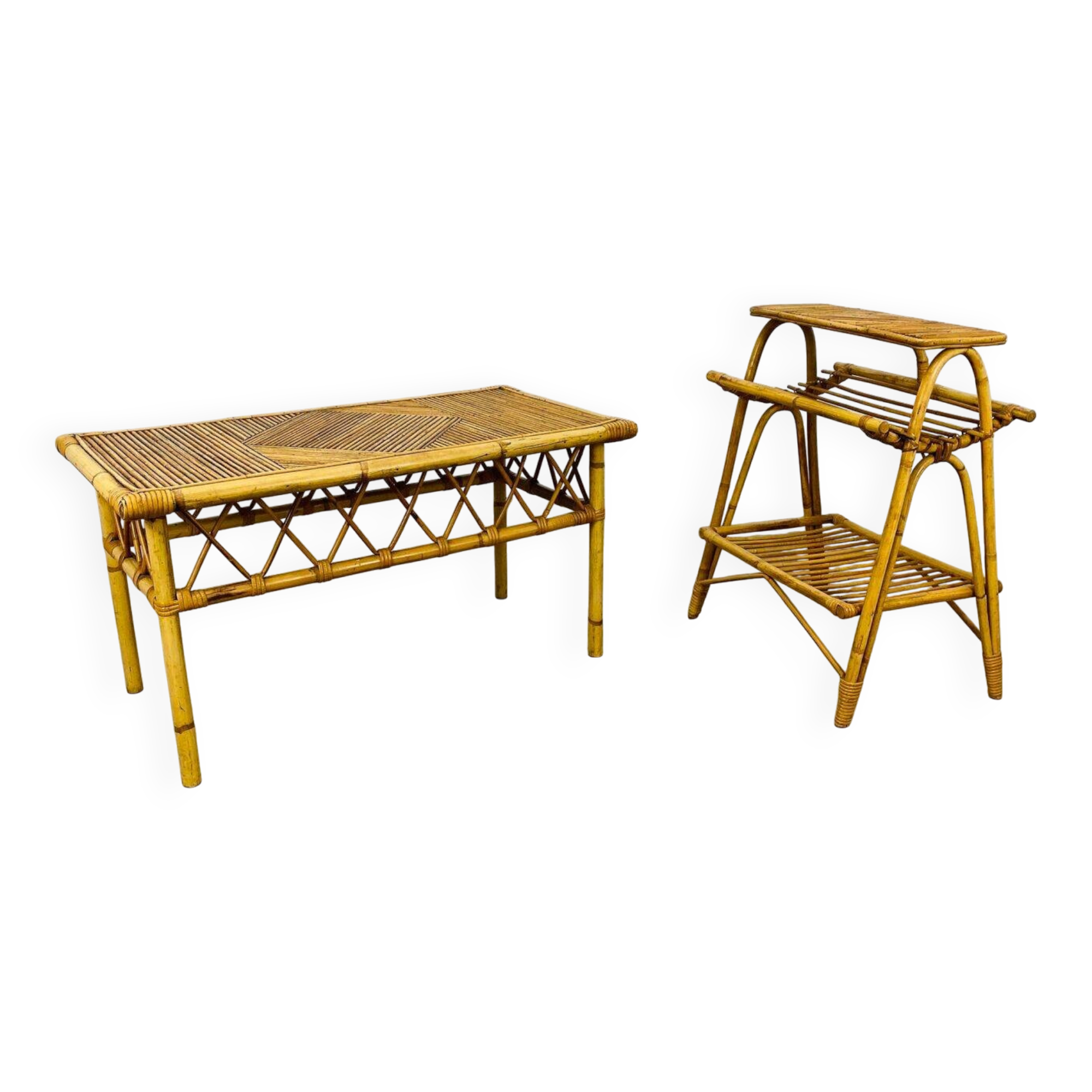 1960s rattan and bamboo coffee table, with its magazine rack.