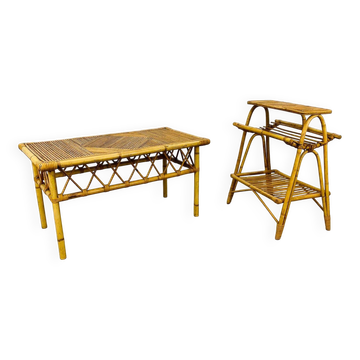1960s rattan and bamboo coffee table, with its magazine rack.