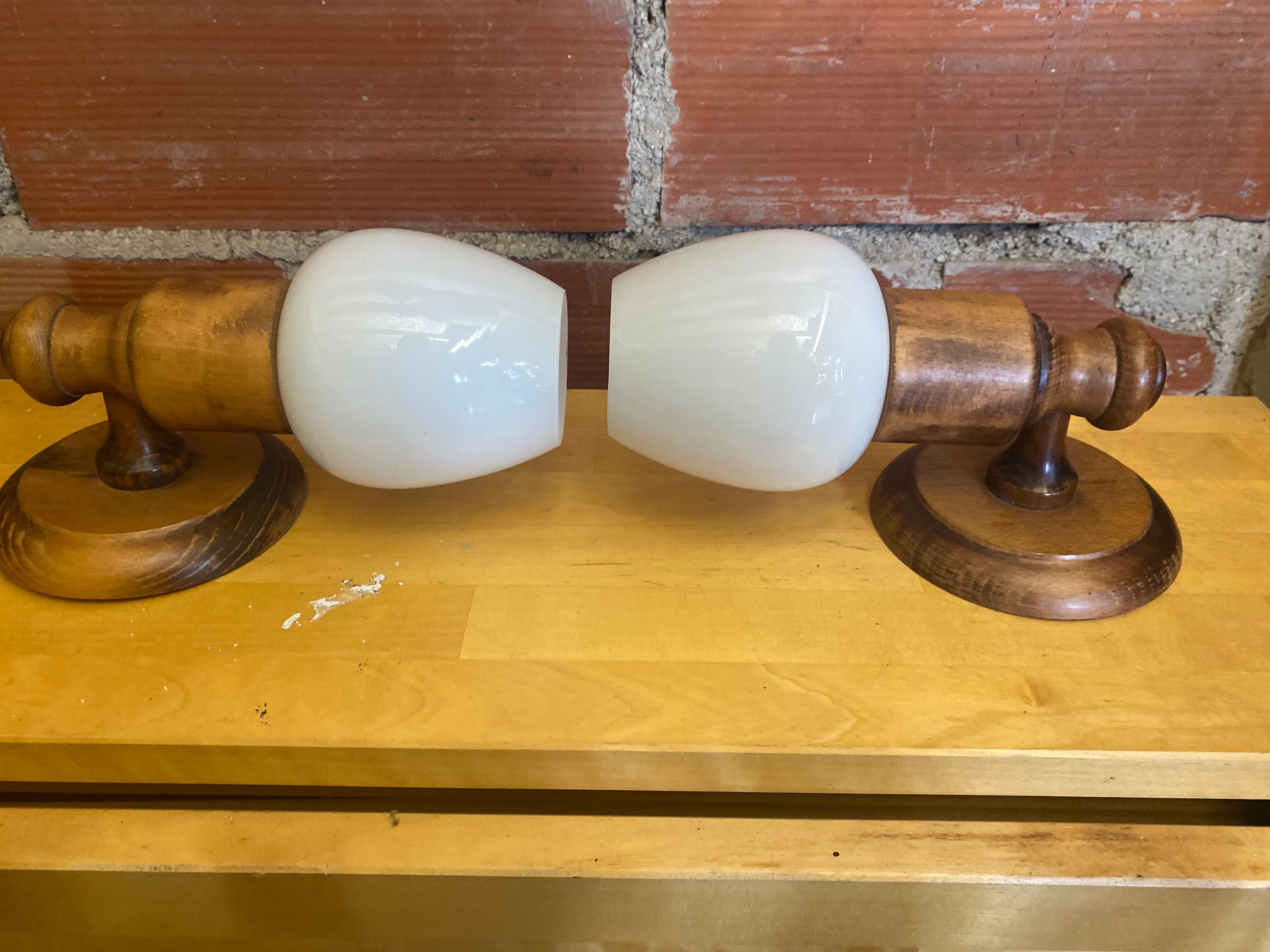 Vintage 1970s Pair of Wall Lights Beech + White Opaline Glass