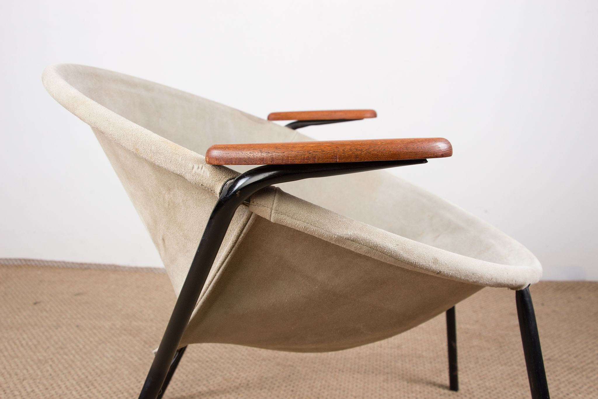 Danish armchair in Leather, Steel and Teak, Balloon model by Hans Olsen 1960.