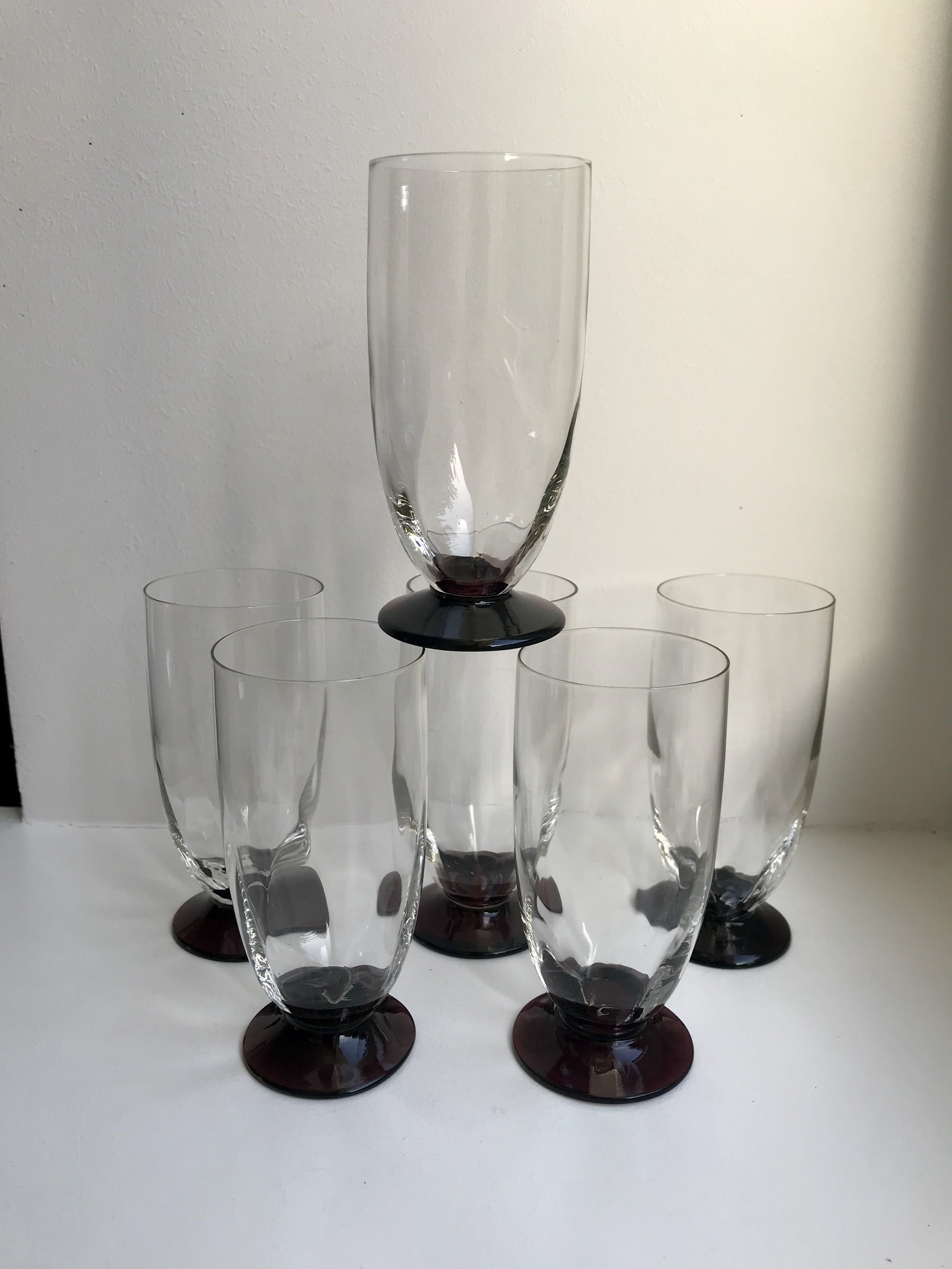 Set of 6 champagne flutes with purple feet Art Deco 30s