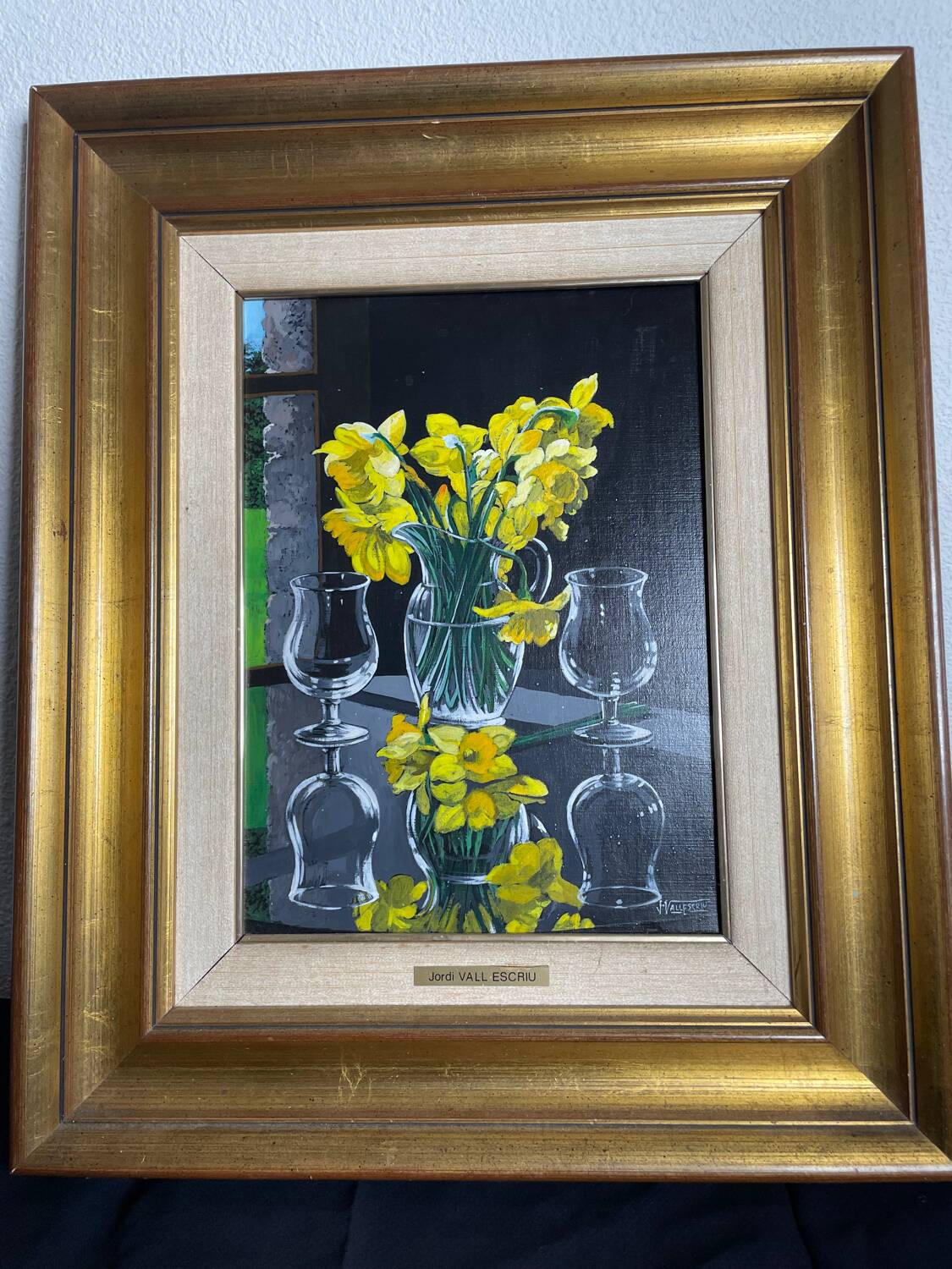 Oil on canvas signed Jordi Vall Escriu Yellow narcissus and two cups