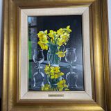 Oil on canvas signed Jordi Vall Escriu Yellow narcissus and two cups
