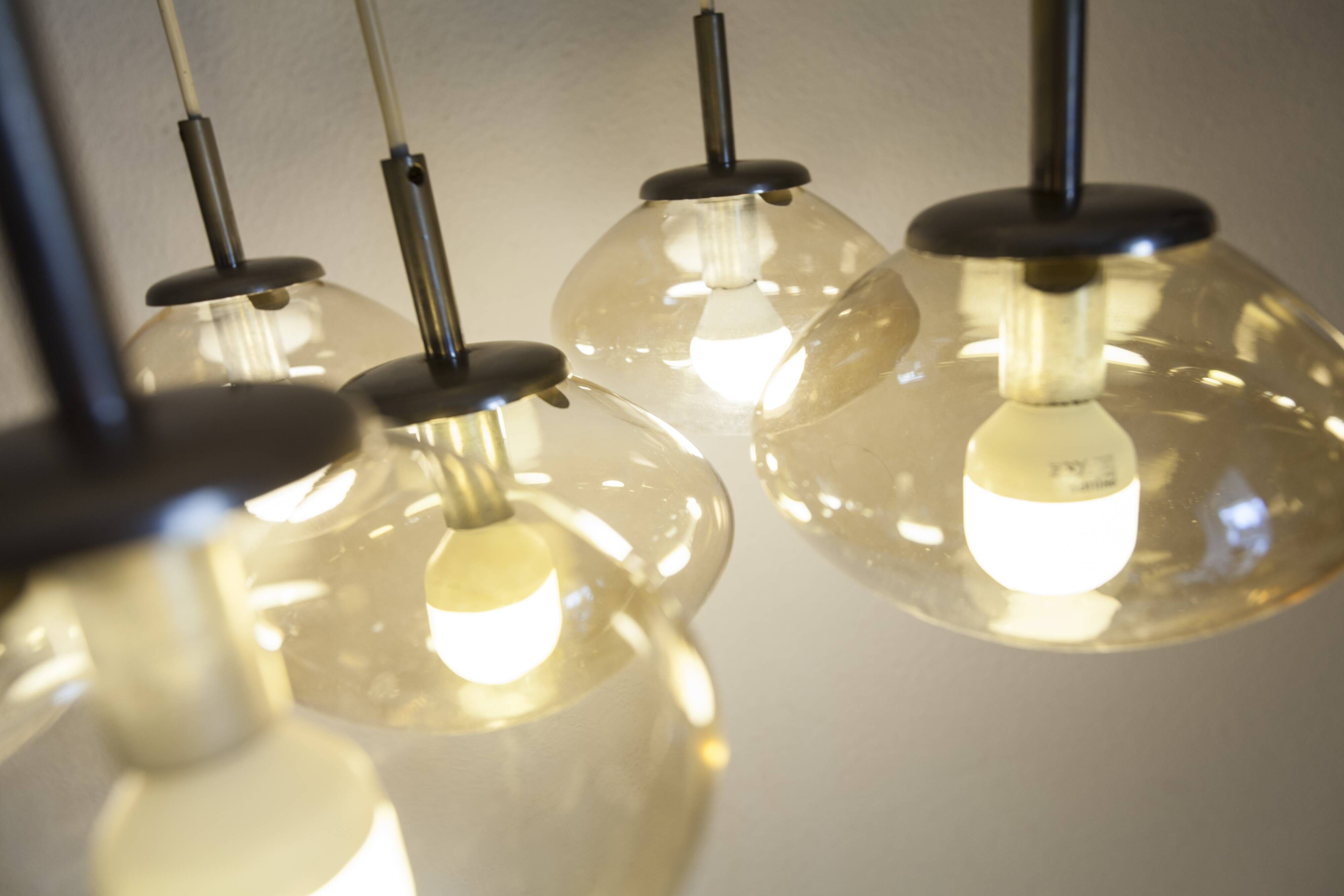 Light smoked glass water drop chandelier with 6 drops from the 1960s.