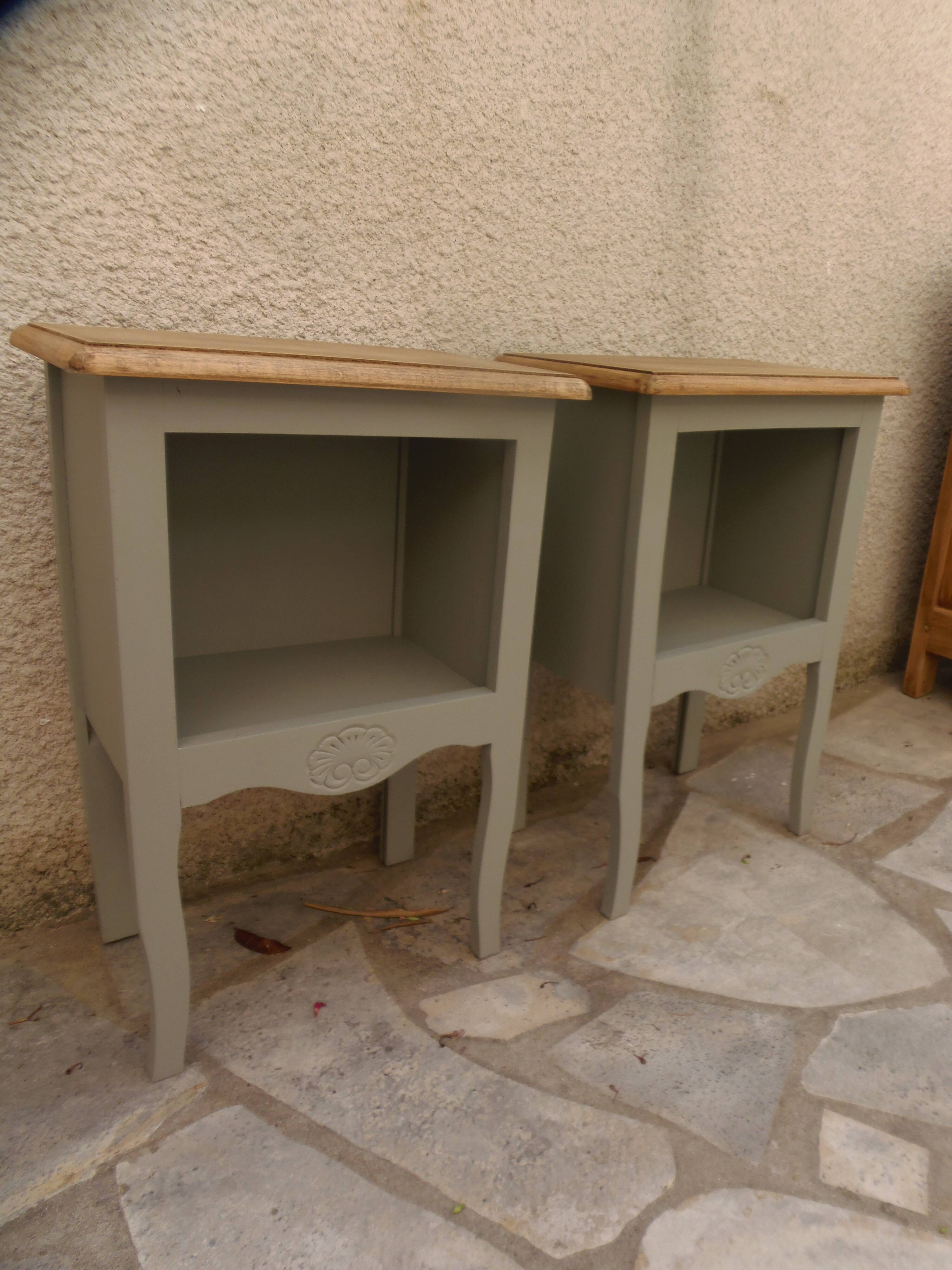 Pair of restored antique bedside tables painted in verdigris.