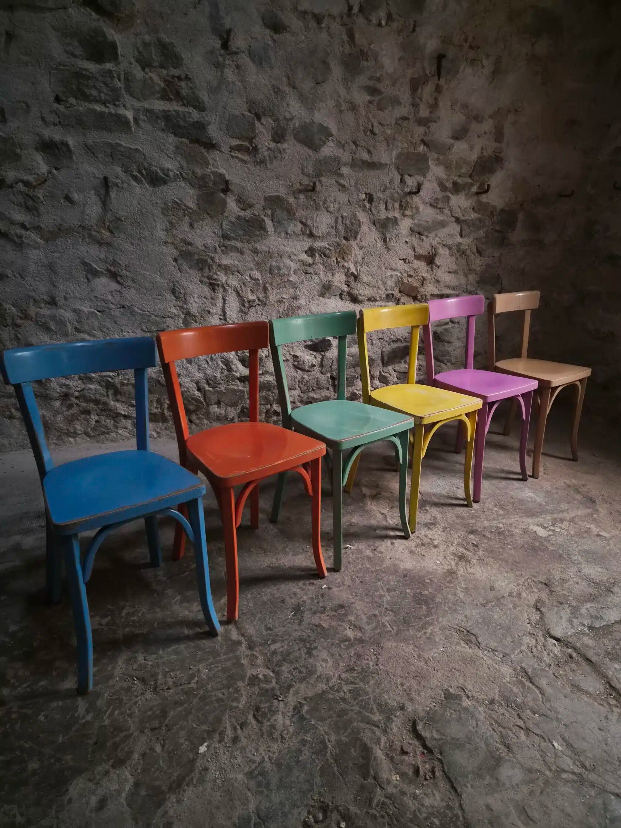 Chaises bistrot françaises Baumann en couleurs variées, lot de 6, années 1950