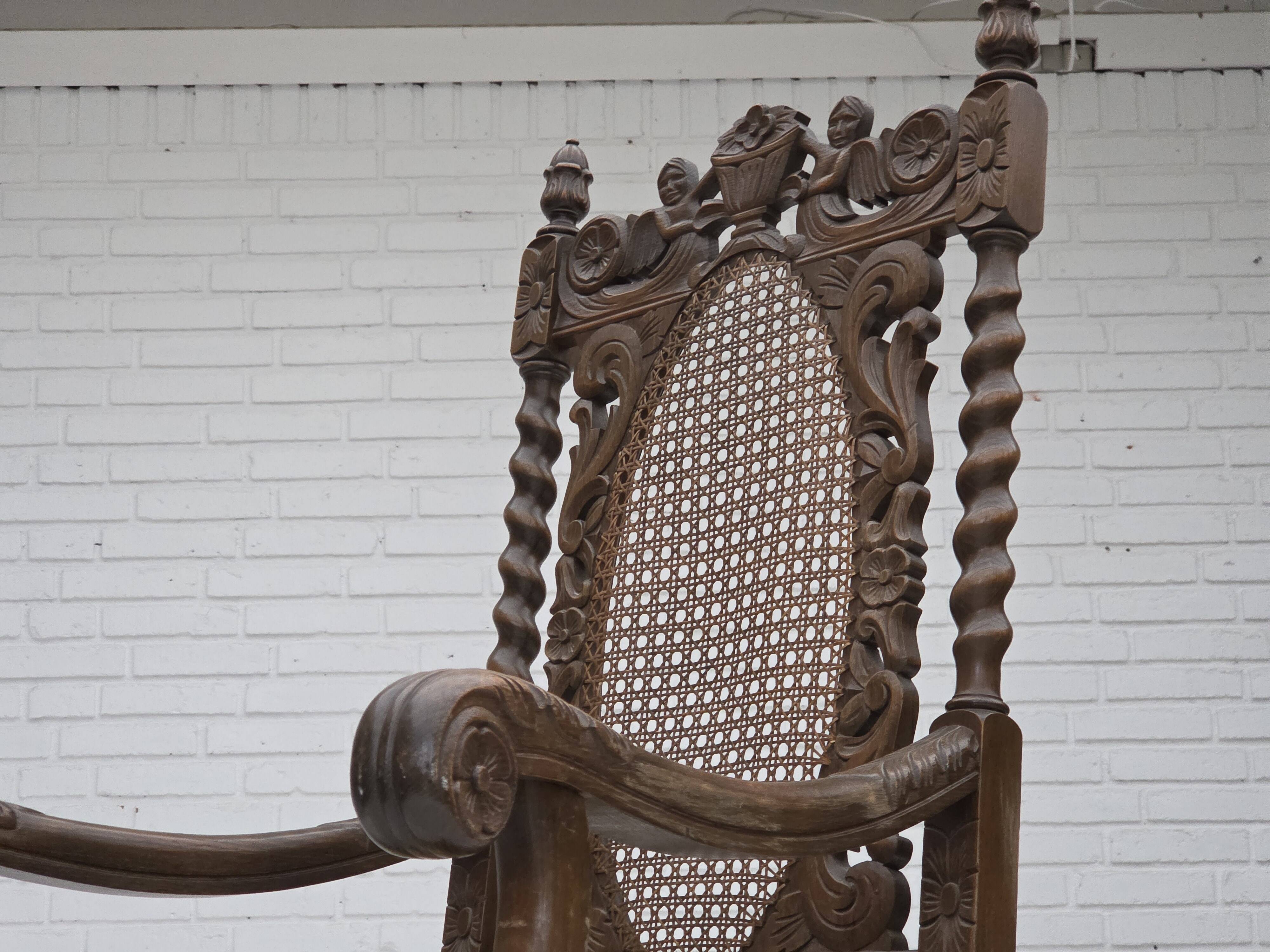 1930s, Danish highback armchair, furniture mesh, velour, carved oak wood.