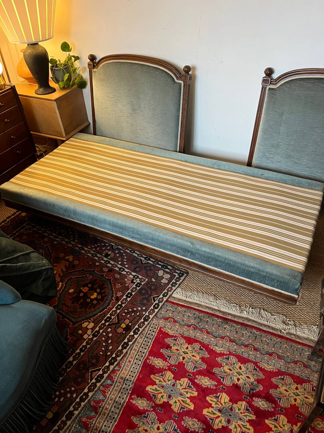 Vintage Louis XVI style blue velvet sofa