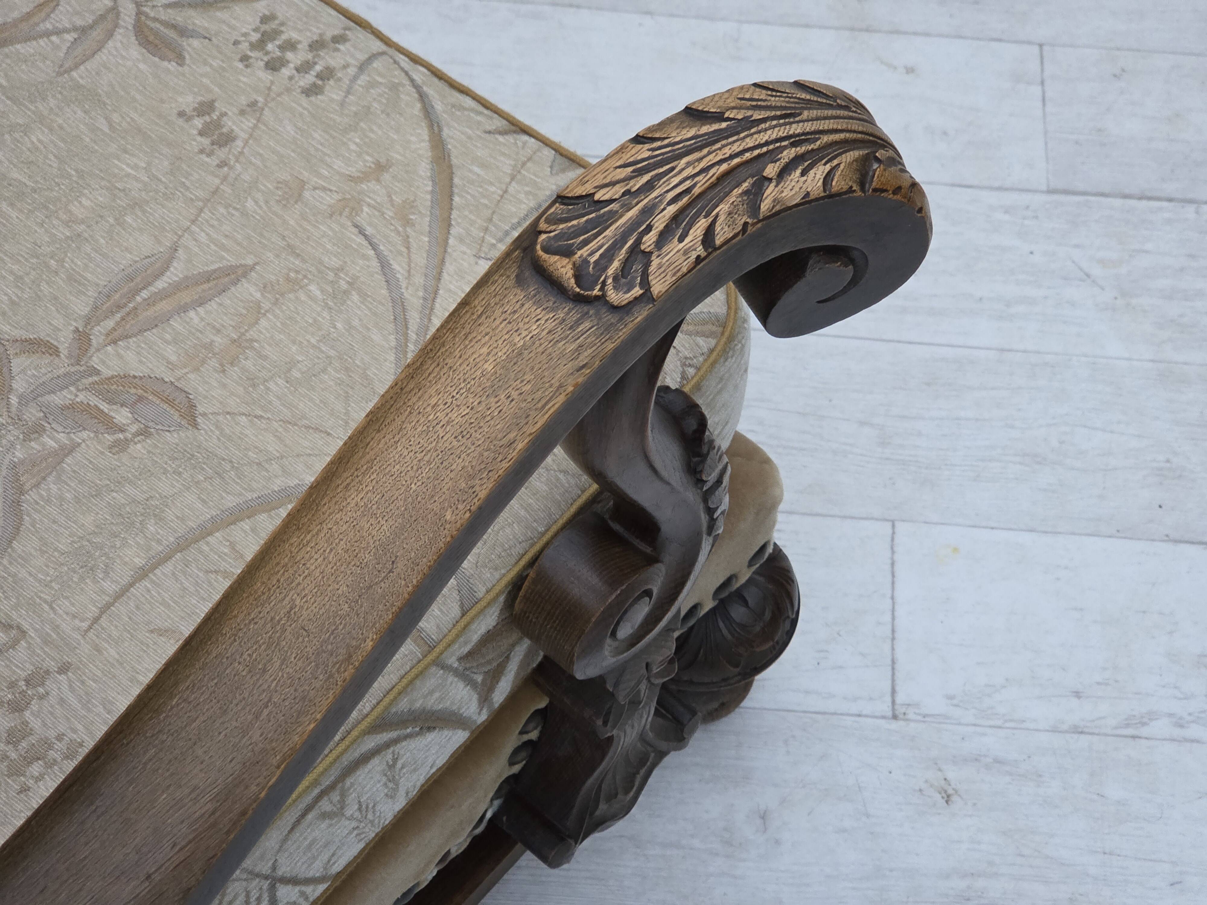1960s, Danish 3-seater sofa, beige/brown furniture fabric, carved oak wood.