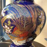 Ceramic lamp birds lyres on midnight blue background Napoleon III