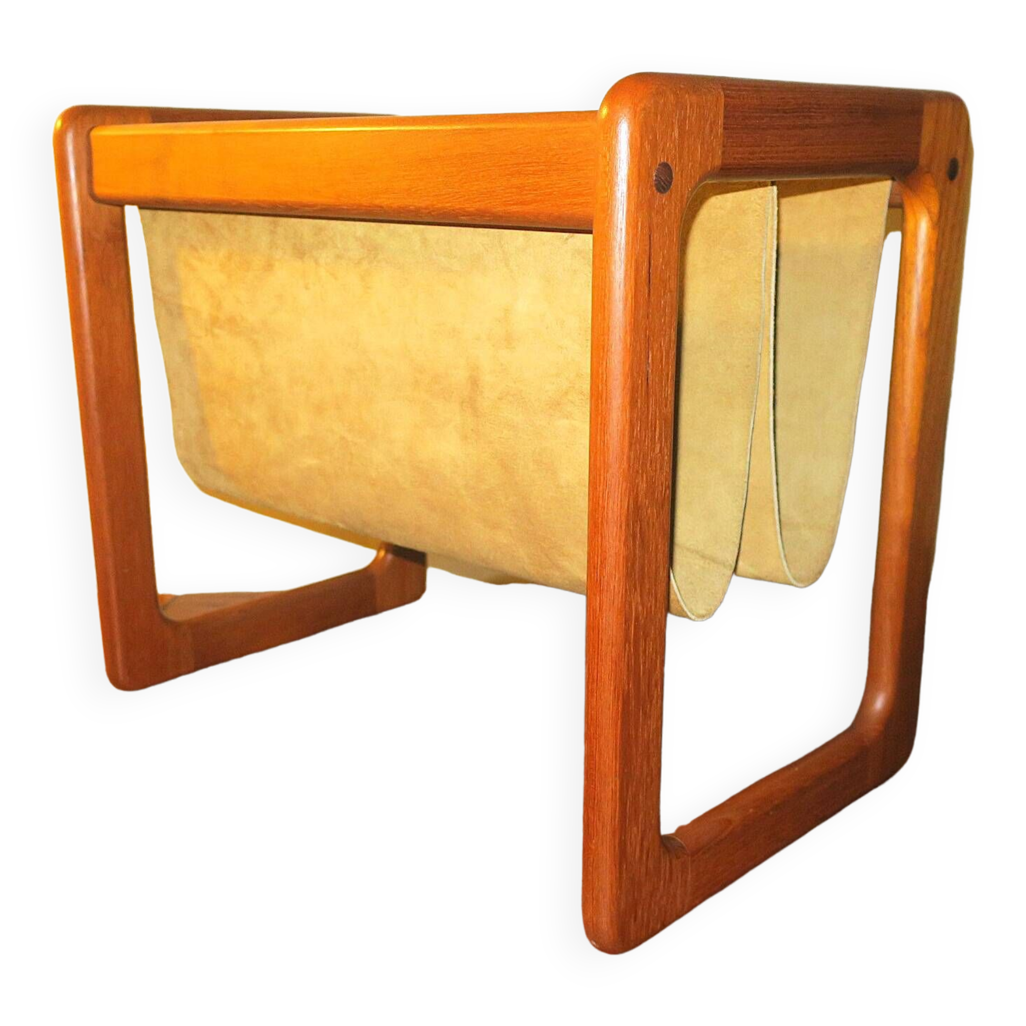 Magazinr rack in teak and suede leather by Aksel Kjersgaard, 1960s