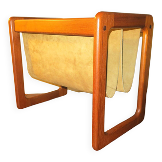 Magazinr rack in teak and suede leather by Aksel Kjersgaard, 1960s