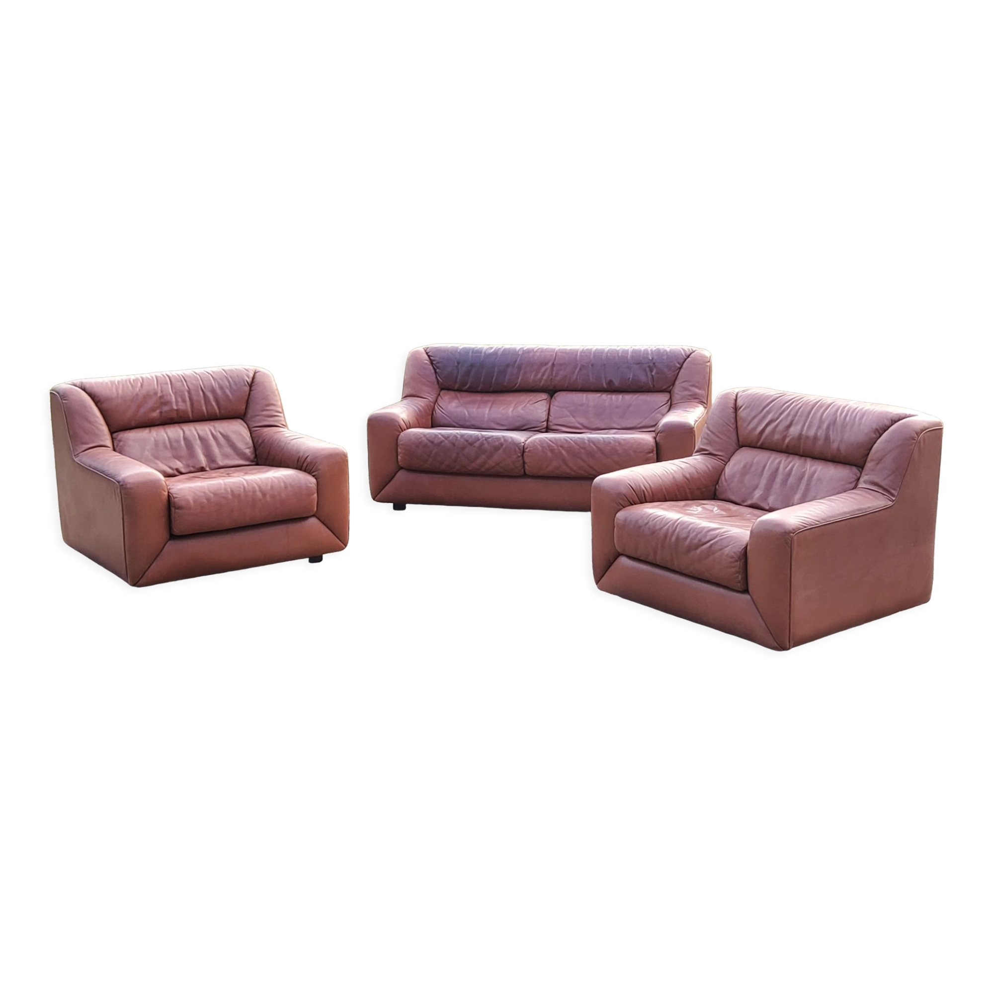 Pair of armchairs and De Sede sofa in cognac leather from the 70s/80s