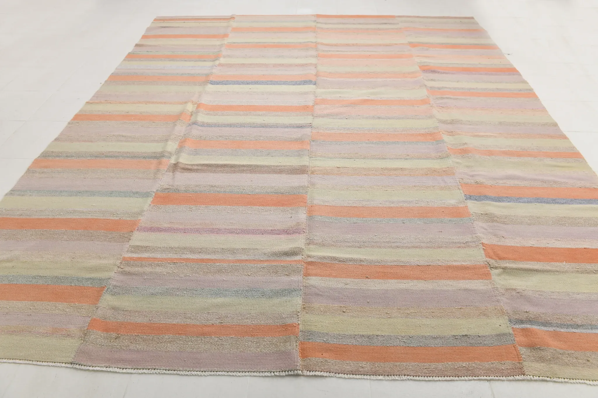 Salmon & Pink Mid Cenyury Modern Kilim Rug, Vintage Striped Boho Carpet