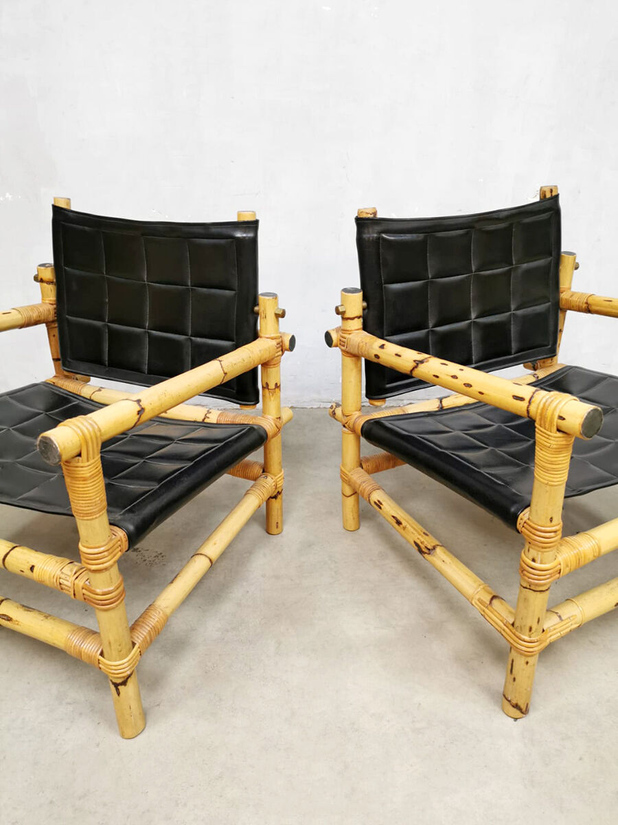 Set of 3 Midcentury Swedish design bamboo safari armchairs and ottoman