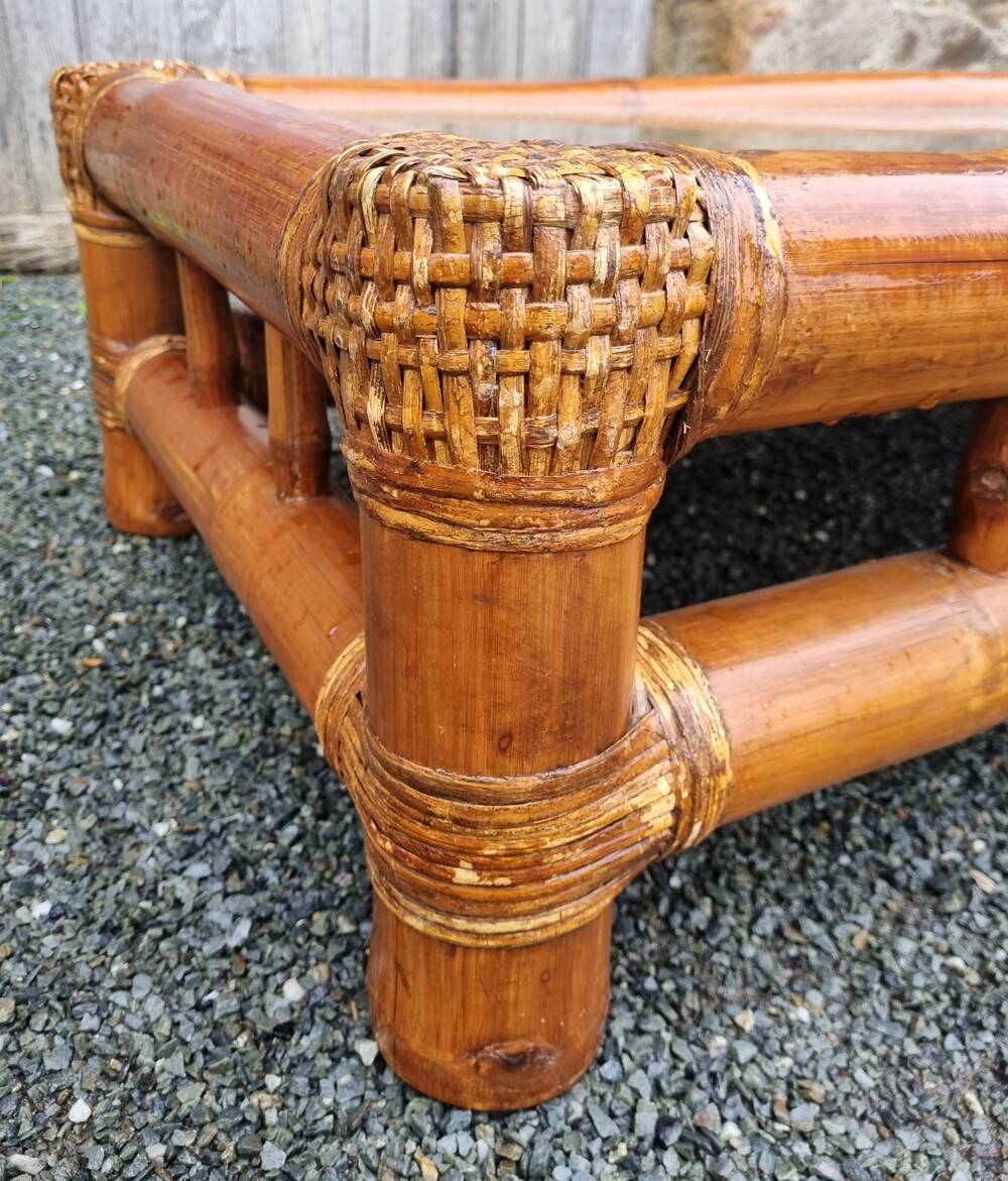 Bamboo, rattan and glass coffee table, 80s