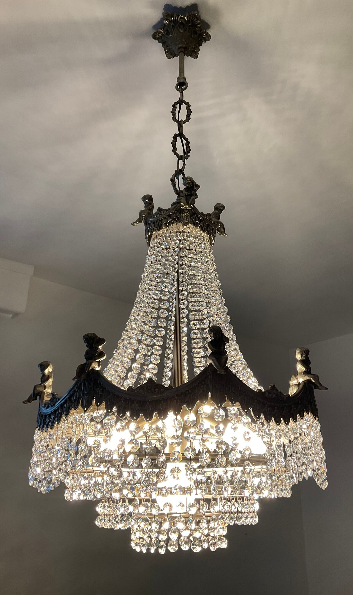 Old hot air balloon chandelier with crystal and bronze tassels
