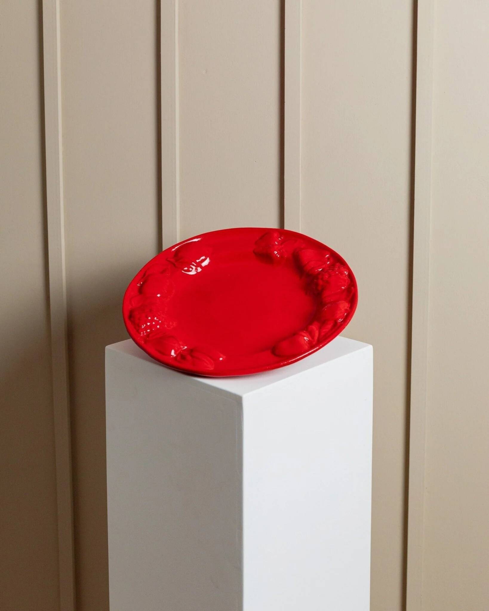 Red glazed ceramic fruit platter with three-dimensional fruit relief, vintage Italy 1980s, Mid-Century design