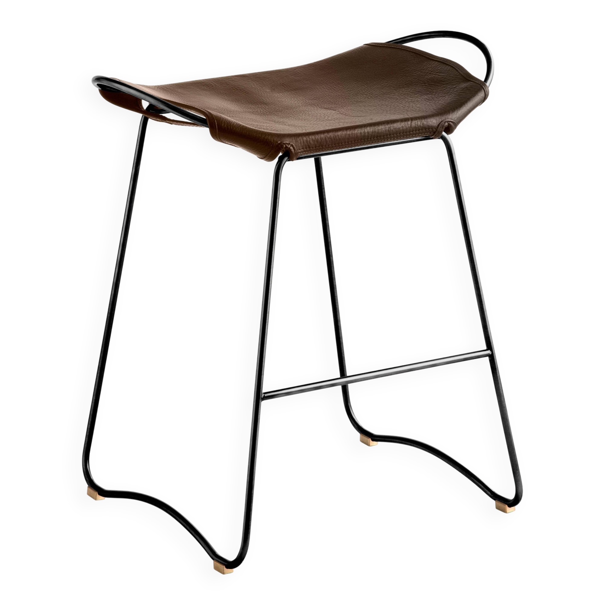 Contemporary organic sculptural bar stool in black smoked metal and dark brown leather.