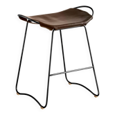 Tabouret de bar sculptural organique contemporain Métal fumé noir et cuir marron foncé