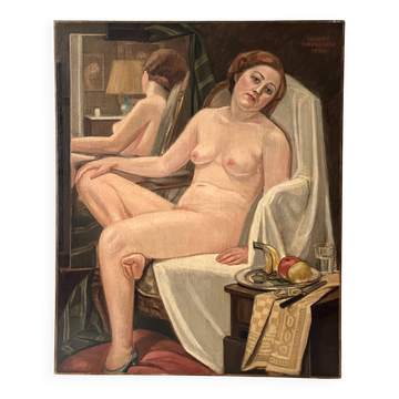 Oil painting on canvas of a nude woman in Art Deco style, old portrait.