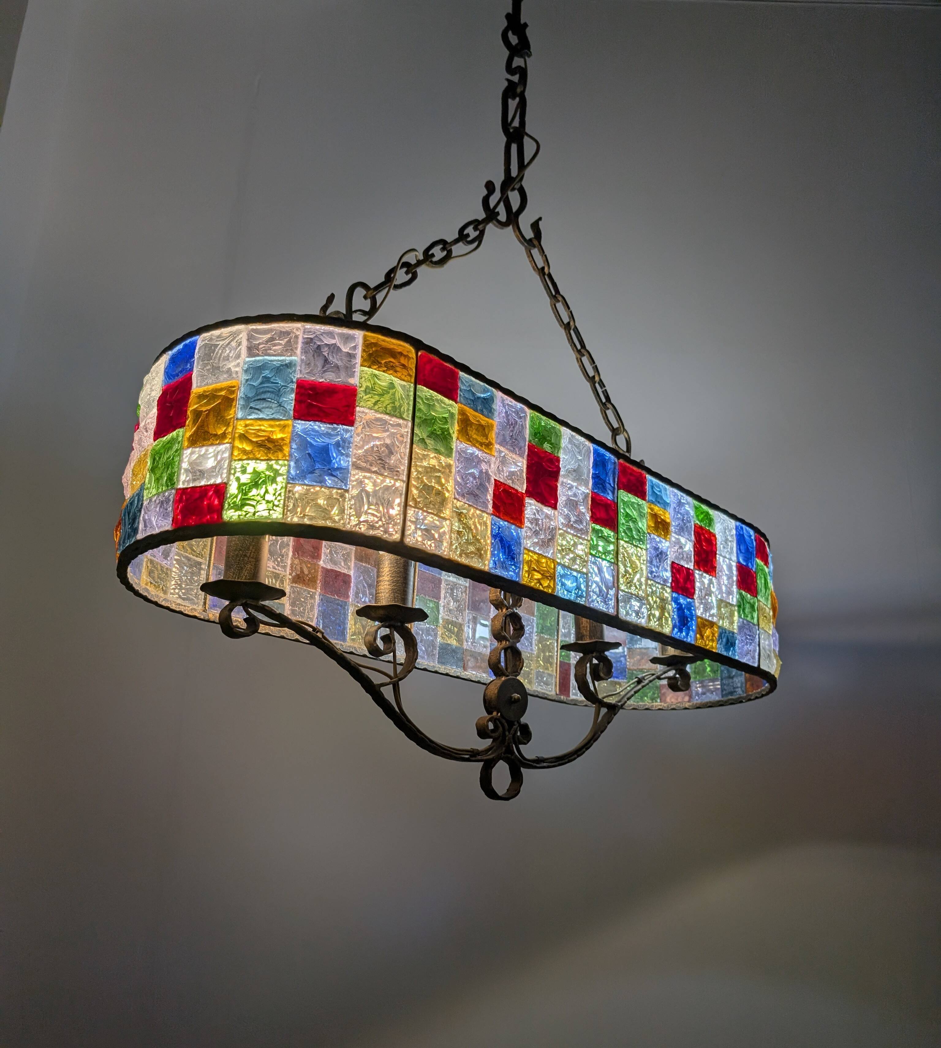 Large Italian Multi-Colored Hammered Crystal and Wrought Iron Chandelier
