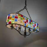 Large Italian Multi-Colored Hammered Crystal and Wrought Iron Chandelier