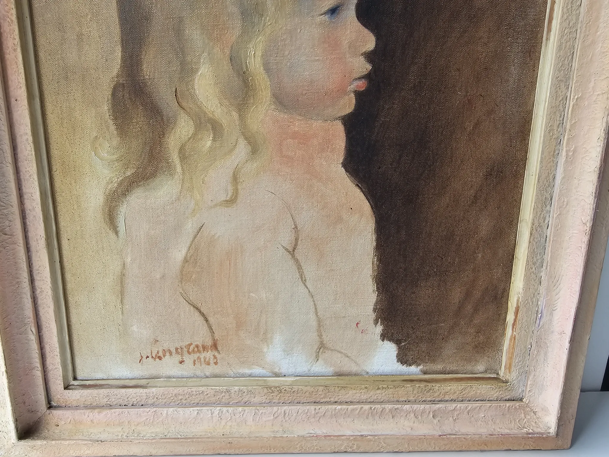 Oil on Canvas Painting of a Child - Young Girl Signed Longrand 1963