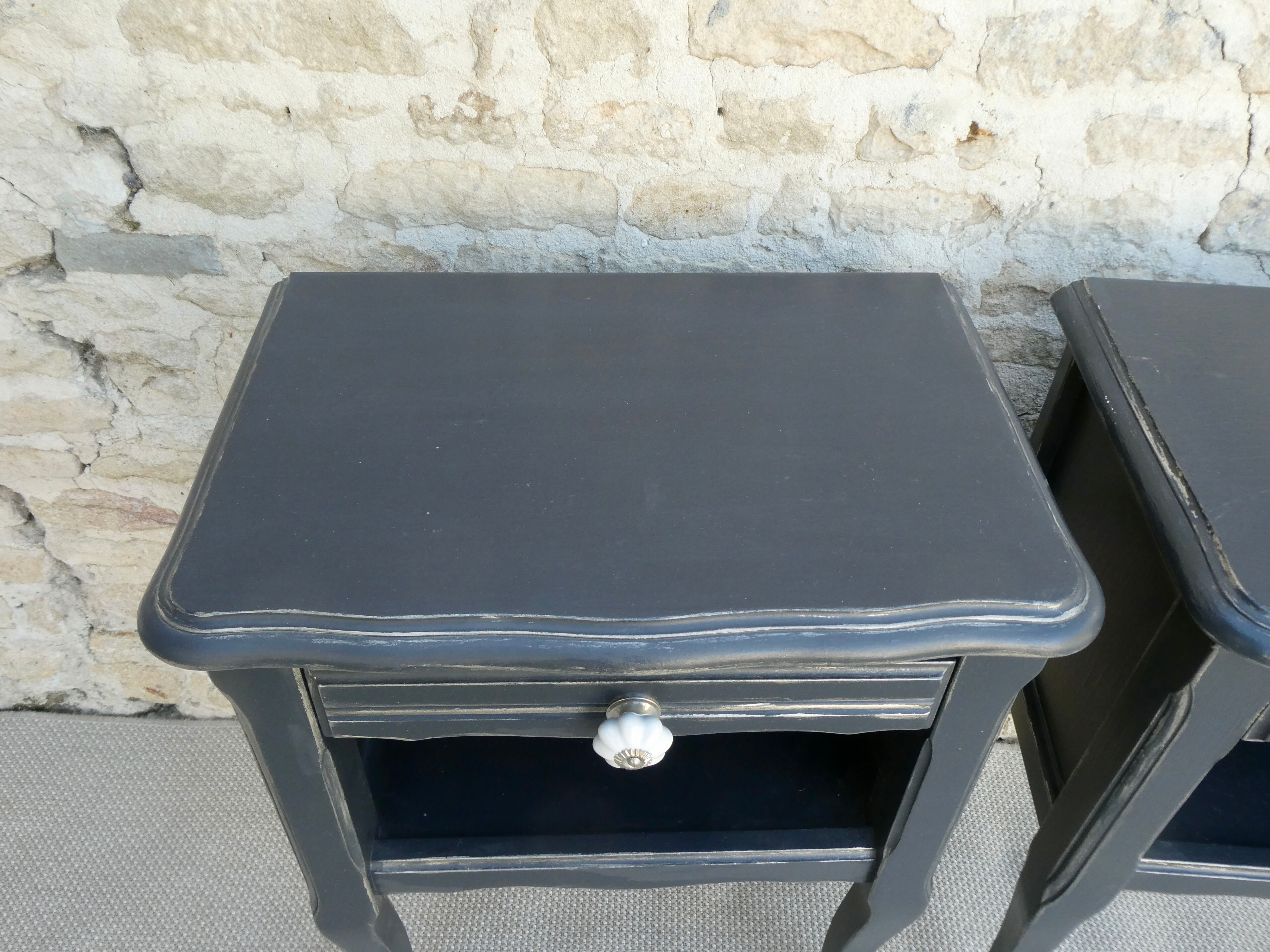 Pair of wooden bedside tables, gray patina