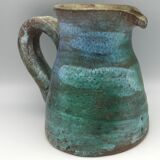 Vintage broc pitcher in enamelled sandstone with effect of blue shades, turquoise green signed
