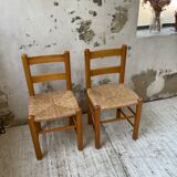 Pair of straw and pine chairs, mountain furniture