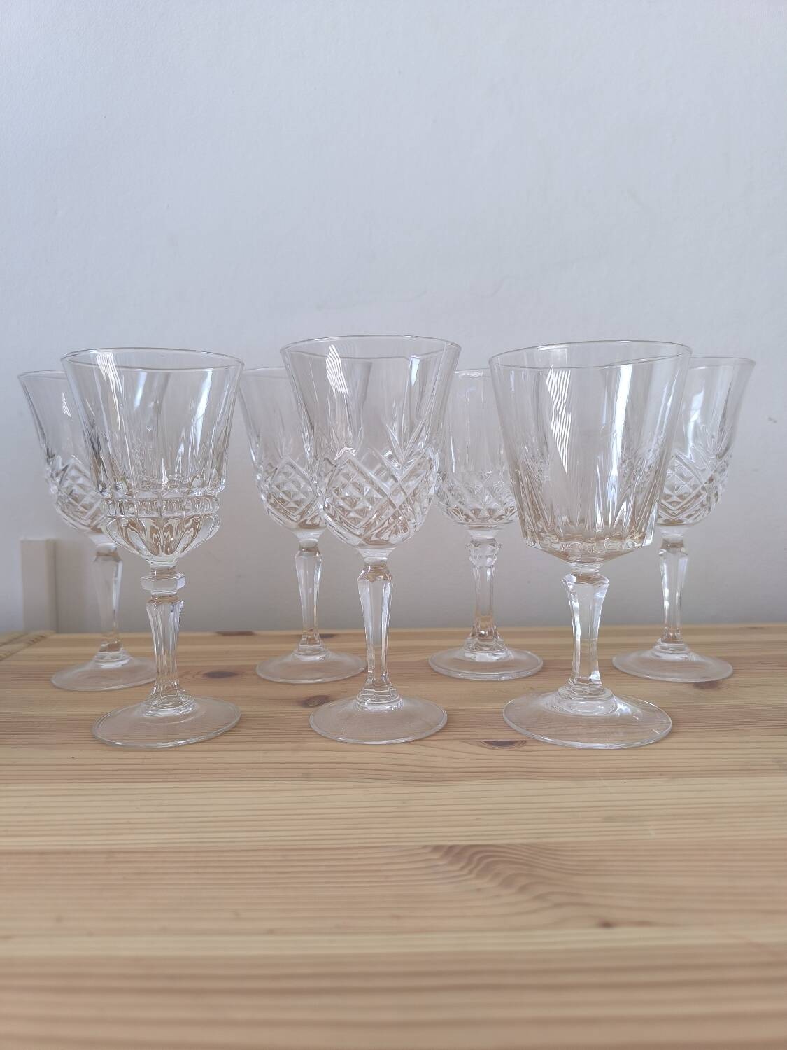 Set of 7 mismatched wine glasses